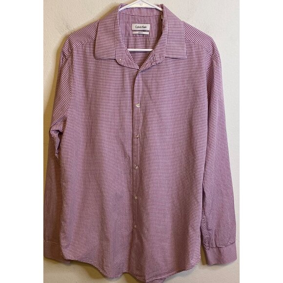 Calvin Klein Sz 17 34/35 Slim Fit Shirt Plaid Pink White Long Sleeve Slim Fit - Picture 1 of 4